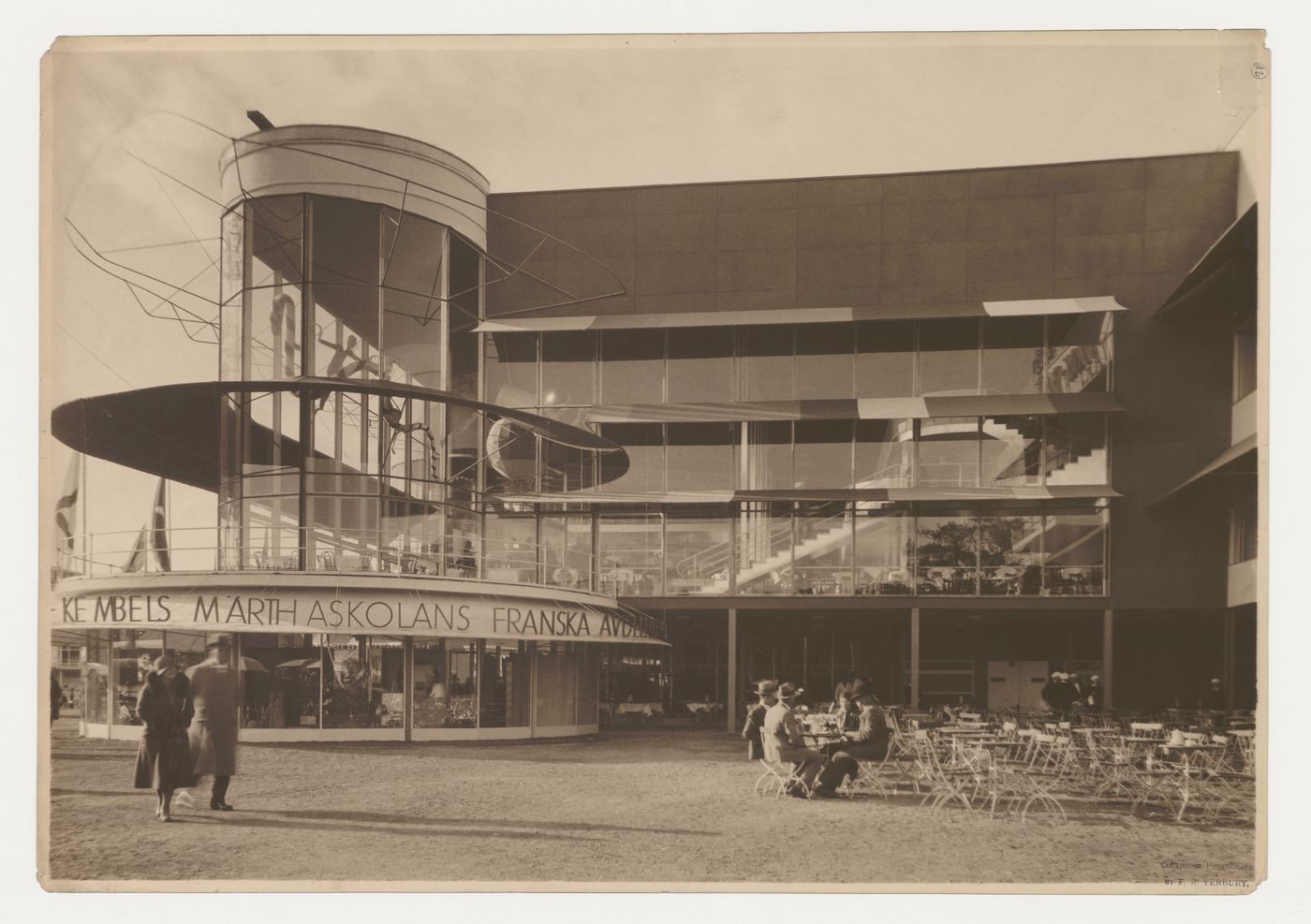 View of the lateral façade of Paradise Restaurant at the Stockholm Exhibition of 1930 showing the terrace with tables and chairs, Stockholm