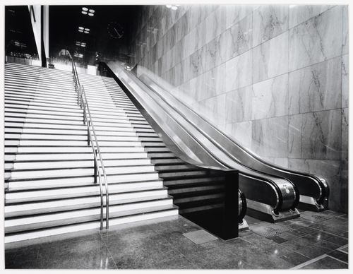 Escalator to banking hall, Market Street entrance, Philadelphia Saving Fund Society (now PSFS), Philadelphia, Pennsylvania
