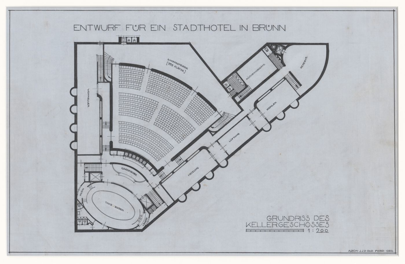 Basement plan for Hotel Stiassni, Brno, Czechoslovakia (now Czech Republic)