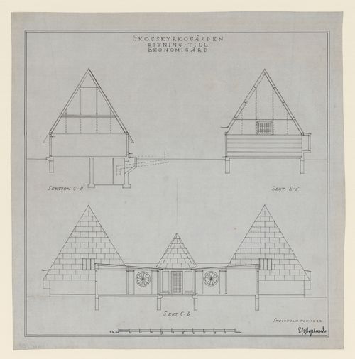 Sections G-H, E-F and C-D for the Service Building, Woodland Cemetery, Stockholm, Sweden