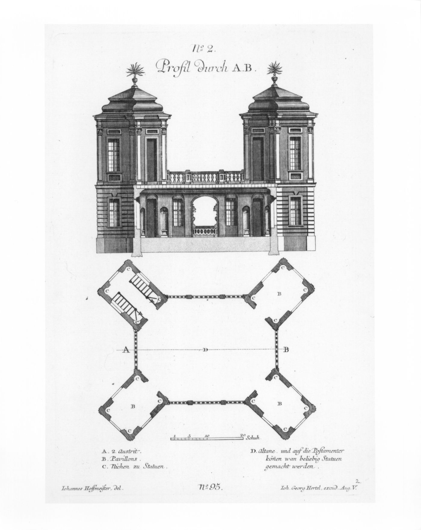 Second-floor plan and sectional elevation of a Garden Pleasure House