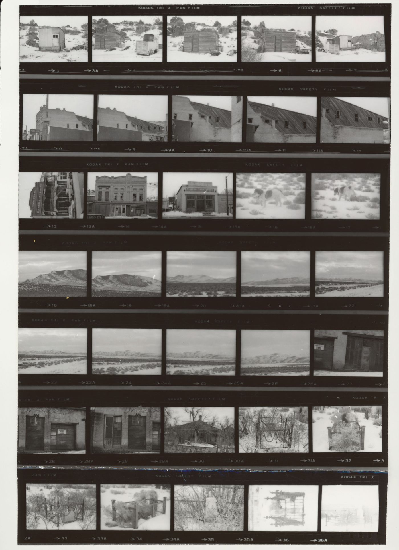Contact sheet of buildings, landscape views and tombs, California and Nevada