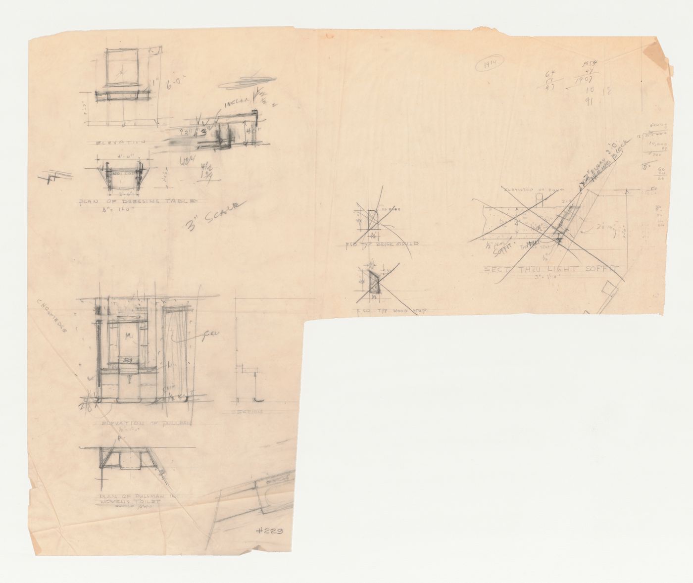 Wayfarers' Chapel, Palos Verdes, California: Sketch sections, plans and elevations for the vestry dressing table and lavatory