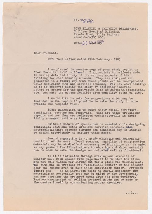 Letter of D.G. Pandya to Vikram Bhatt about the publication "How the Other Half Builds"