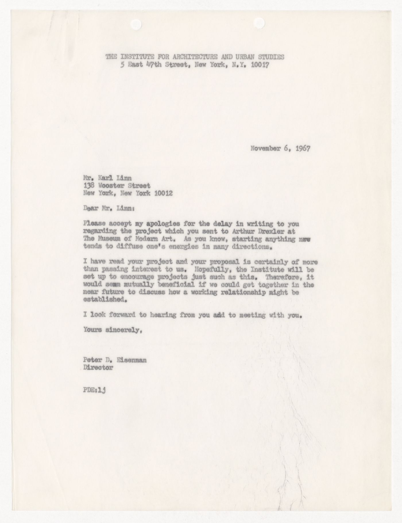 Letter from Peter D. Eisenman to Karl Linn about IAUS support for Linn's project