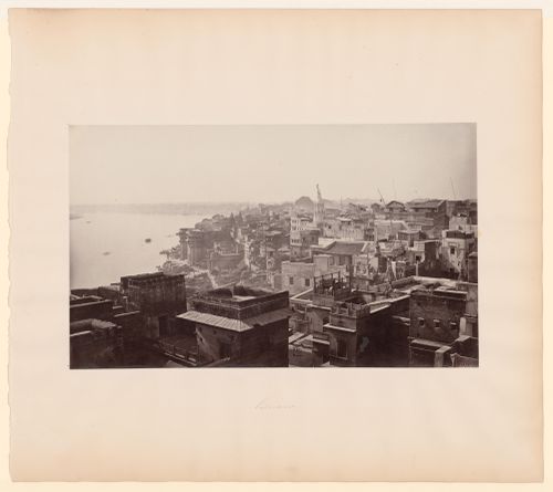 Aerial view of buildings, temples, ghats, and the Ganges River, Benares (now Varanasi), India