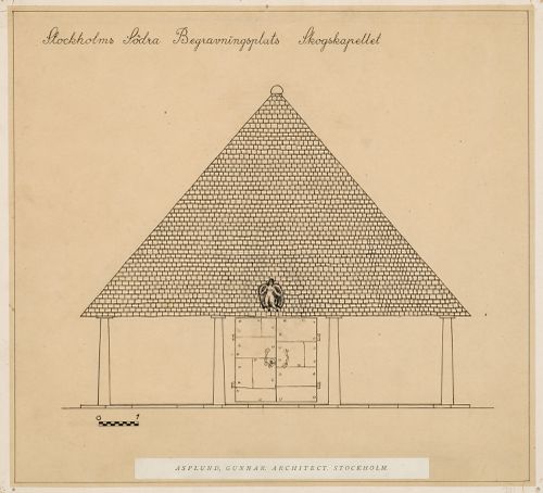 Elevation for the principal façade for Woodland Chapel showing Carl Milles' sculpture of the Angel of Death above the entrance, Woodland Cemetery, Stockholm, Sweden