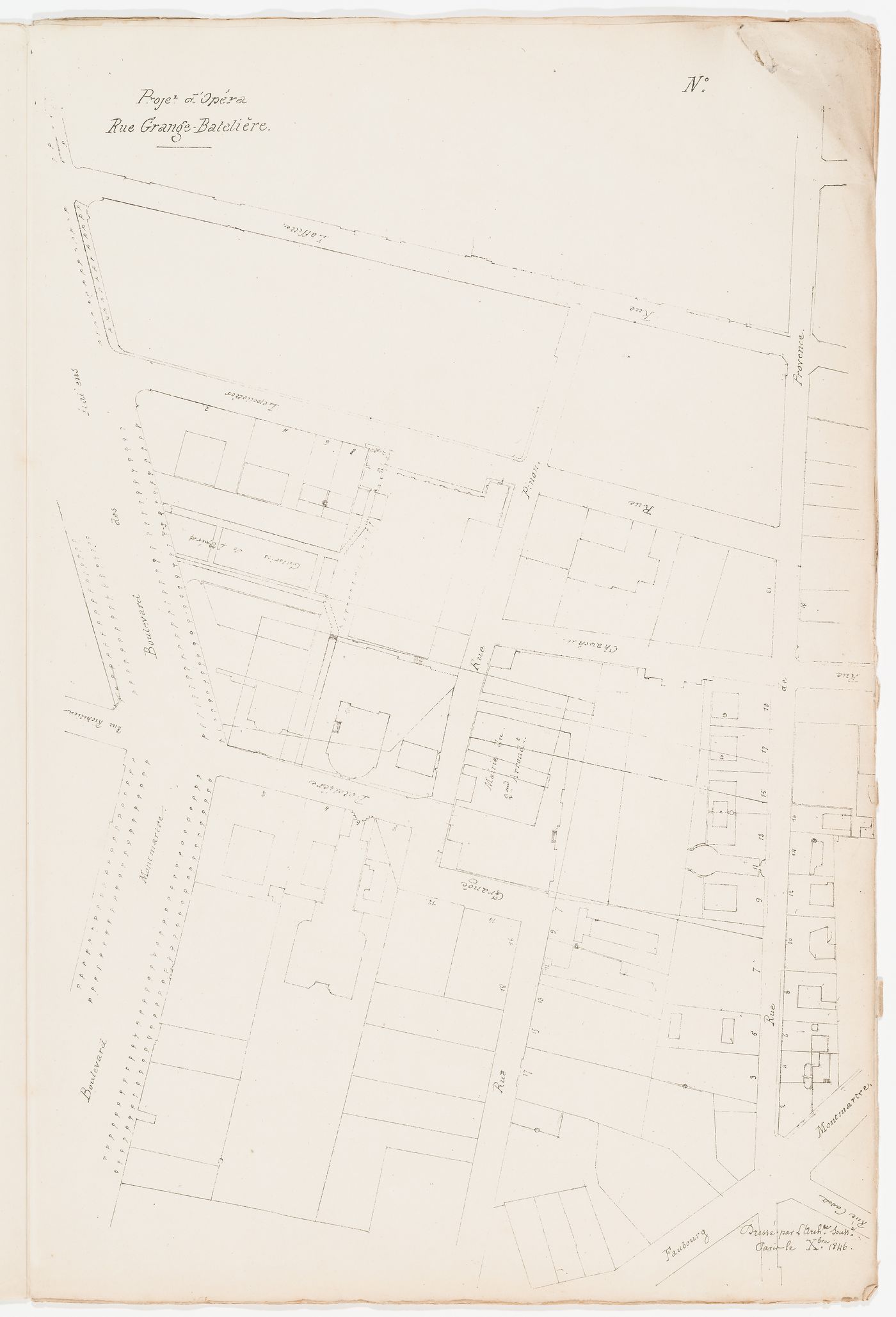 Project no. 2: Site plan for an opera house for the Académie royale de musique, rue Grange-Batelière; verso: Project no. 1: Site plan for an opera house for the Académie royale de musique, place du Palais Royal and rue de Rivoli