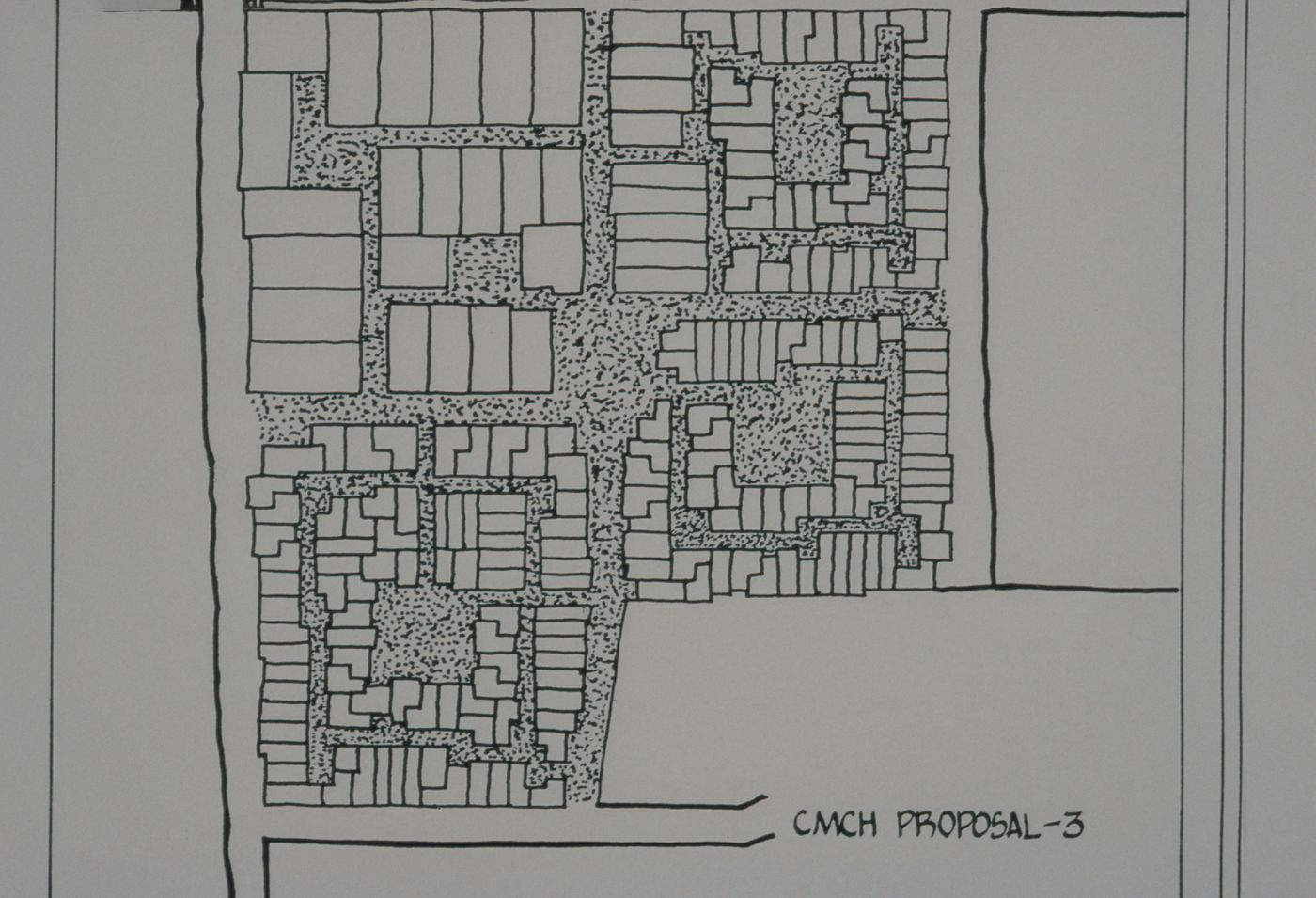 Site plan of Centre for Minimum Cost Housing proposal for the Aranya Housing Project, Indore, India