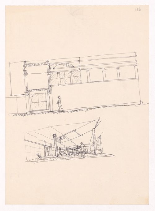 Sketch elevation and perspective for Escola Paula Frassinetti, Porto, Portugal