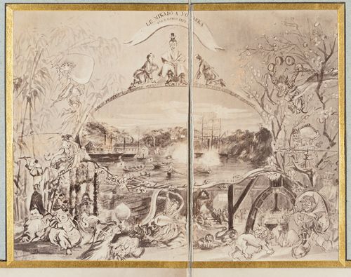 Photograph of a painting depicting the Yokosuka shipyard and figures and foliage, near Yokohama, Japan