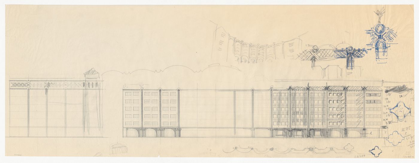 Elevation, sketch perspective and details for exterior ornament and fenestration for a mixed-use development for the reconstruction of the Hofplein (city centre), Rotterdam, Netherlands