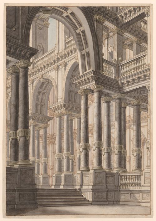 Stage design: interior of a monumental, columned hall in a palace