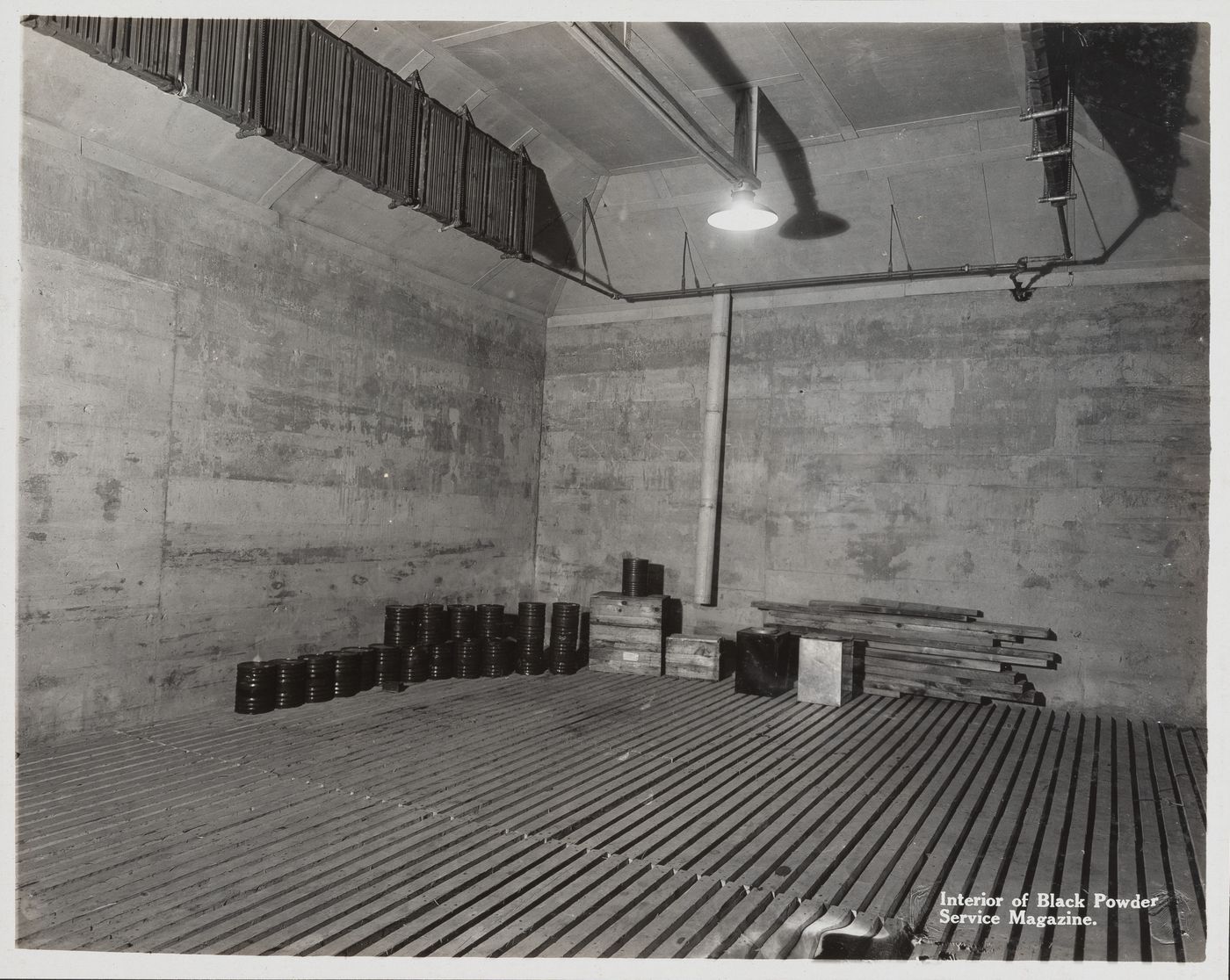 Interior view of black powder service magazine at the Energite Explosives Plant No. 3, the Shell Loading Plant, Renfrew, Ontario, Canada