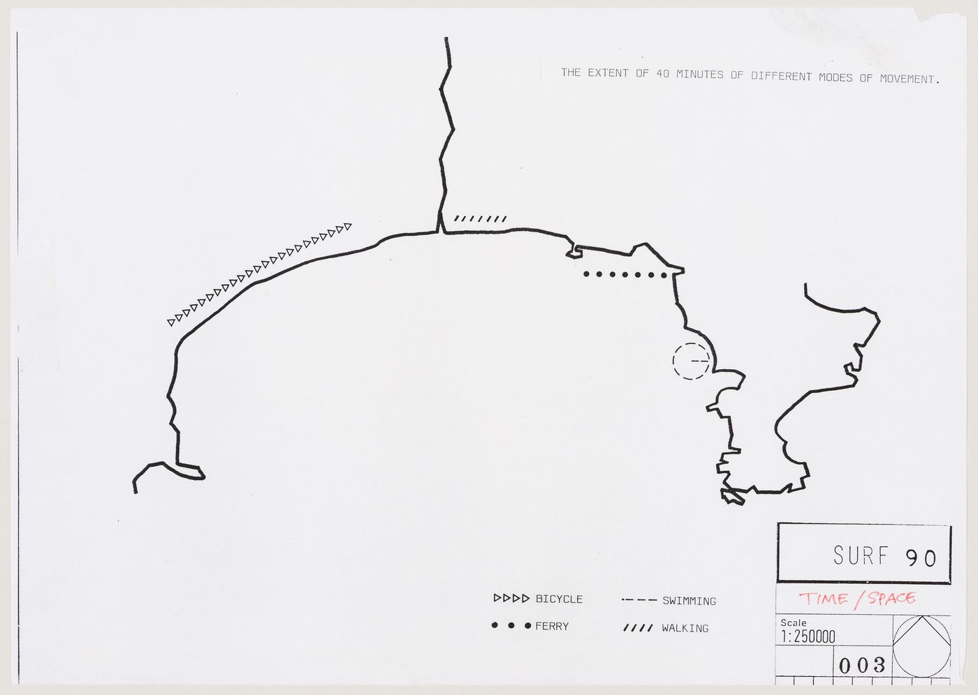 SURF 90: map of Sagami Bay with comparison of 4 different modes of movement in terms of space traversed in 40 minutes