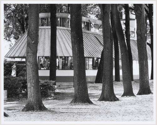 Biennale bookshop, Venice, Italy: view with a tree-lined path in the foreground