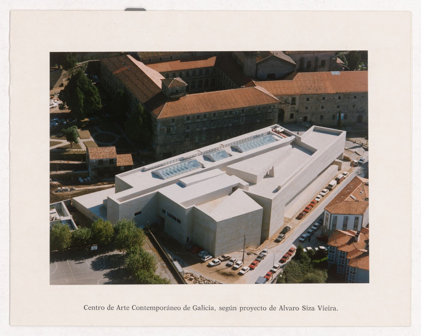 Card showing exterior view of Centro Galego de Arte Contemporânea in Santiago de Compostela, Spain, with attached business card
