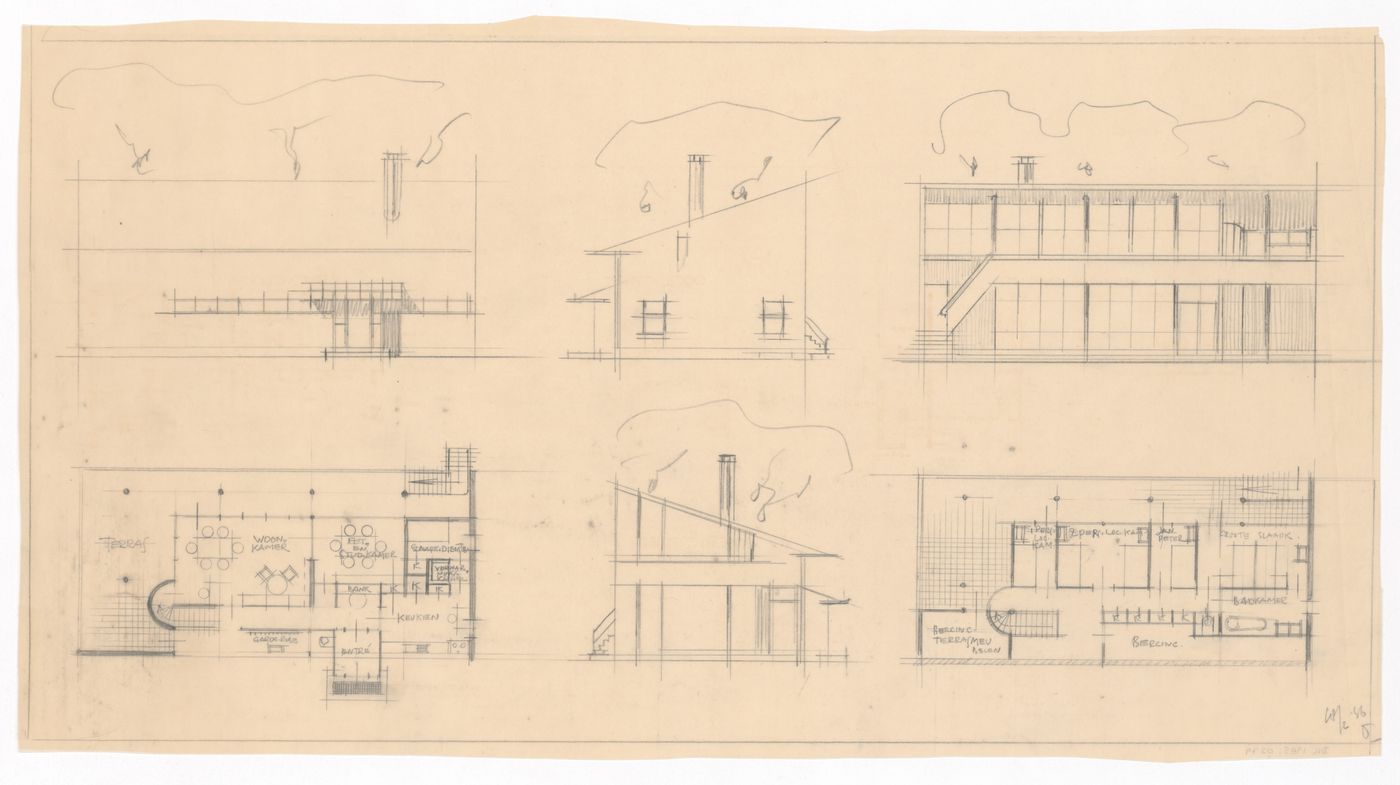 Ground and first floor plans, elevations and section for a country house for Mr. and Mrs. Pfeffer-De Leeuw, Blaricum, Netherlands