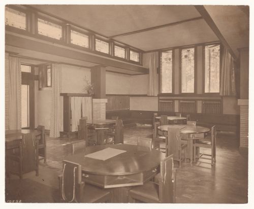 Interior view of Coonley Playhouse showing tables and side chairs, Riverside, Illinois