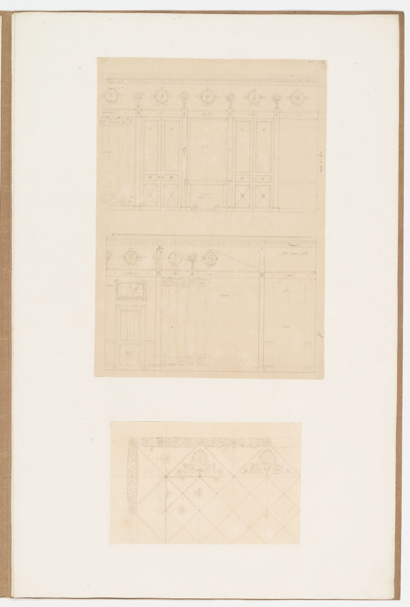 Interior elevations for a wall; Detail for an ornamented panel