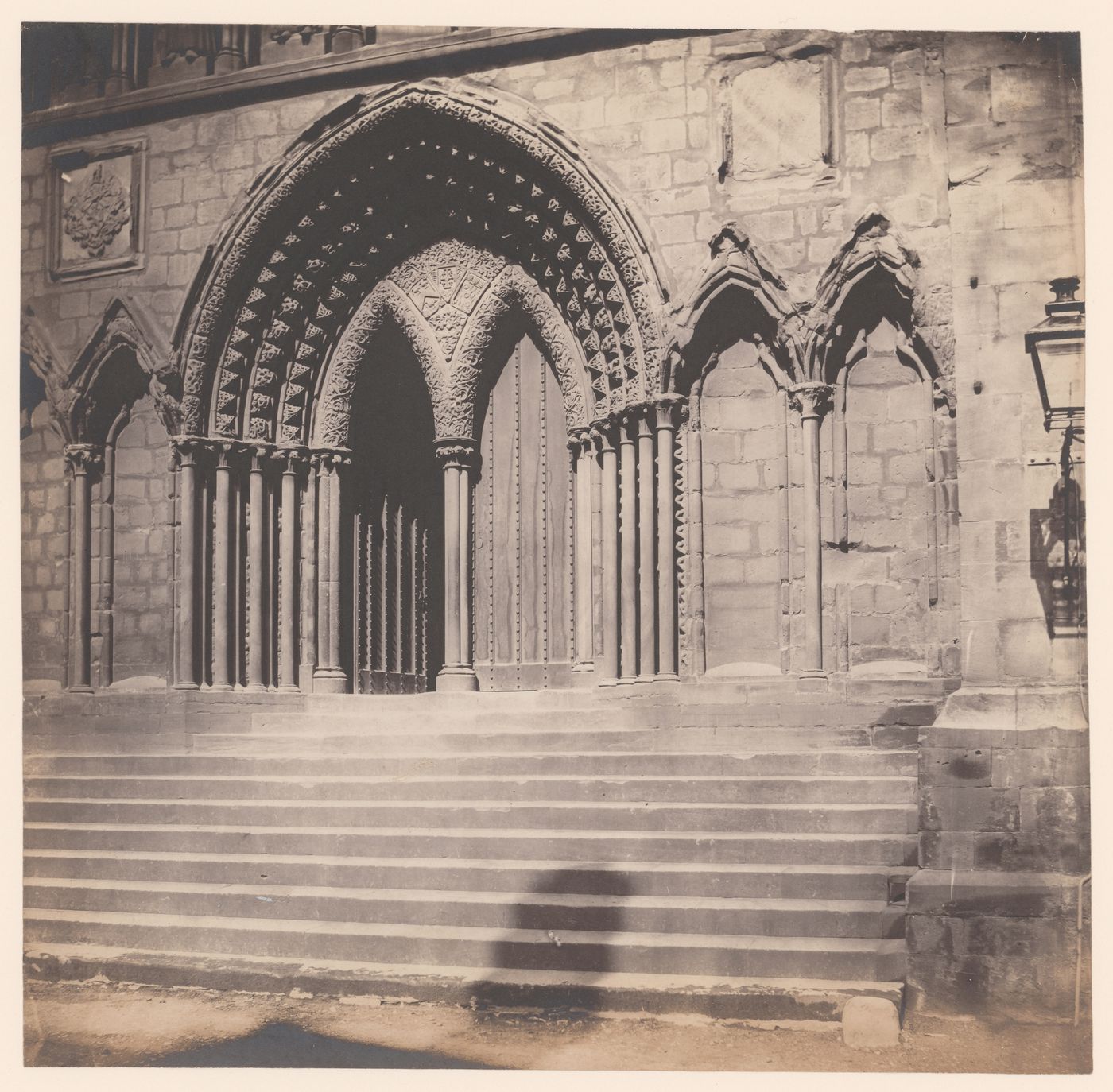Detail of steps and porch of Lichfield Cathedral, Lichfield, England
