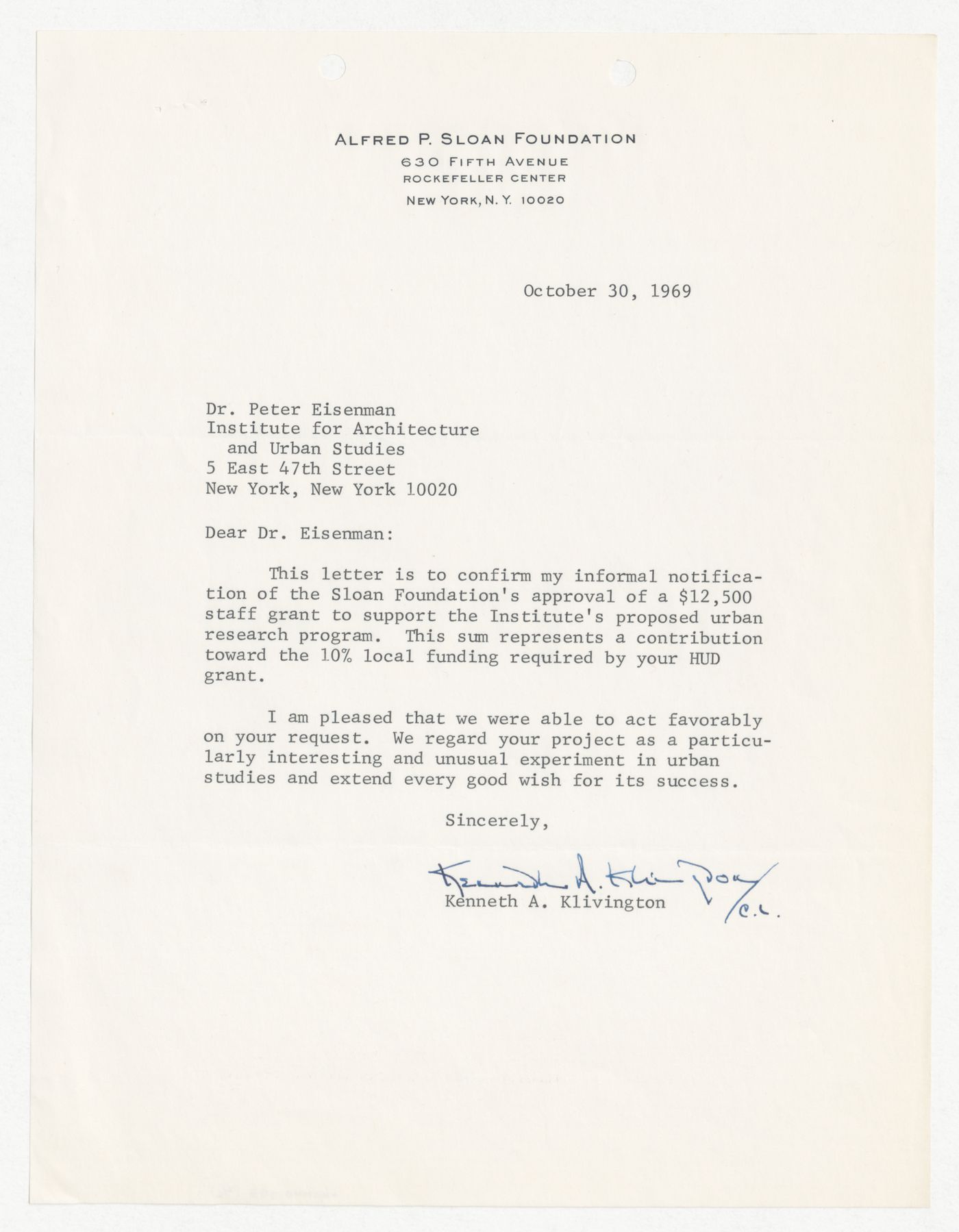 Letter from Peter D. Eisenman to Kenneth A. Klivington thanking the Alfred P. Sloan Foundation for their support of The Street research project with attached letter from Kenneth A. Klivington