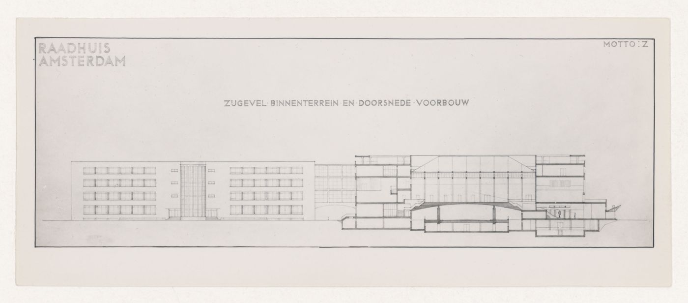 Photograph of an elevation and a section for J.J.P. Oud's competition entry for Amsterdam City Hall, Netherlands