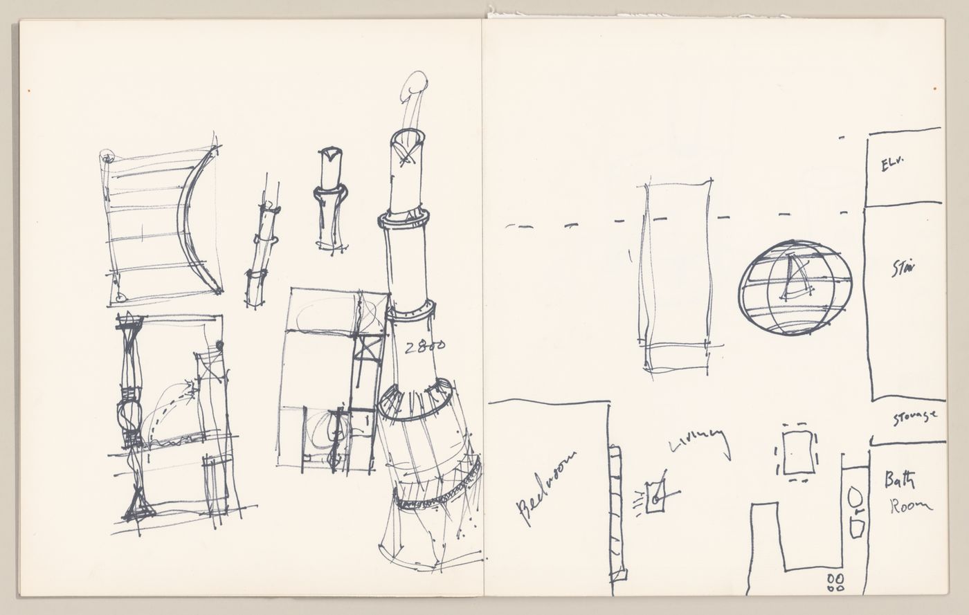 Sketchpad with drawings for a loft and the design of a wood stove