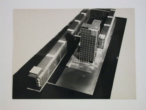 Photograph of a model for the Building of Industry from above, Sverdlovsk, Soviet Union (now Ekaterinburg, Russia)