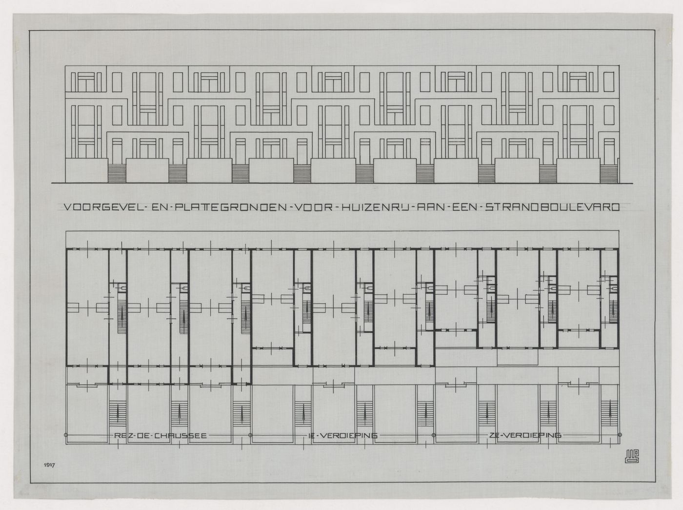 Principal elevation and plans for terraced beach houses, Scheveningen, The Hague, Netherlands