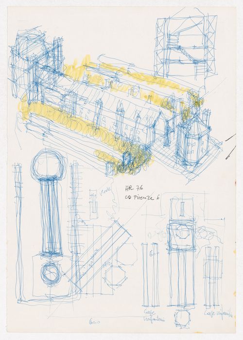 Sketch plans, sketch sections and perspective sketch for Centro Direzionale, Florence