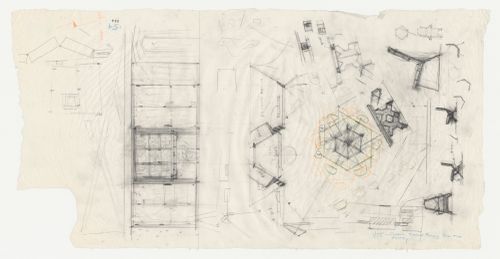 Wayfarers' Chapel, Palos Verdes, California: Elevation for vestry wall and sketch elevations and sketch plans for vestry table and chairs