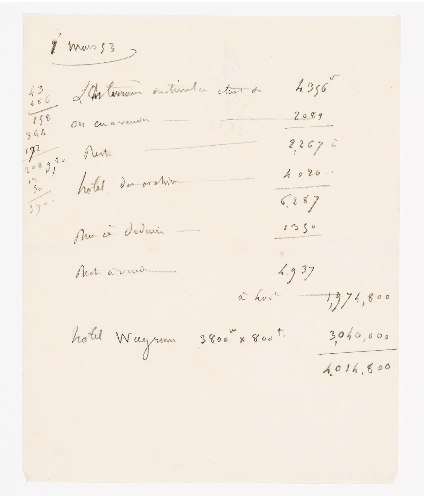 Cost estimates for a project for an opera house for the Théâtre Royal Italien on the Ministère des Affaires Étrangères and the Hôtel du Timbre site