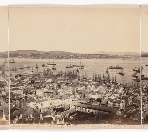 Partial view of Constantinople showing the Bosporus and the Sea of Marmara with the Kiz Kulesi [Maiden's Tower] (also known as Leander's Tower) and Scutari (now Üsküdar) in the background and Galata in the foreground, from the Galata Tower, Ottoman Empire