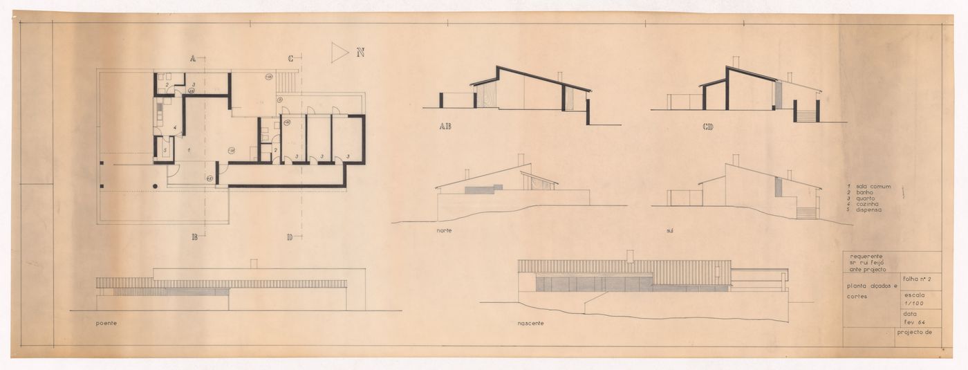 Floor plan, elevations and sections for Casa Rui Feijó, Moledo do Minho, Caminha, Portugal