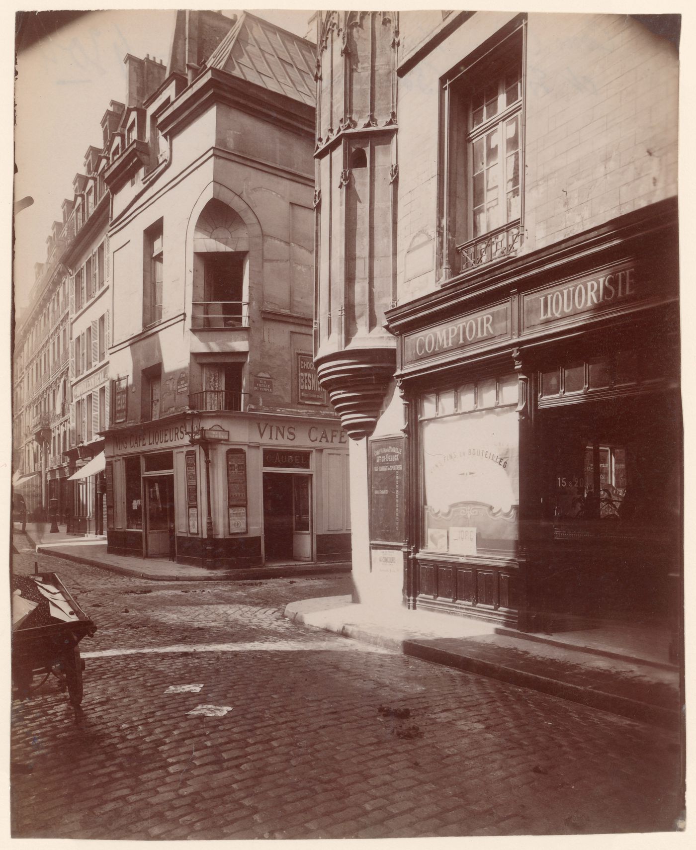 View of street with shop and cafe, Paris, France