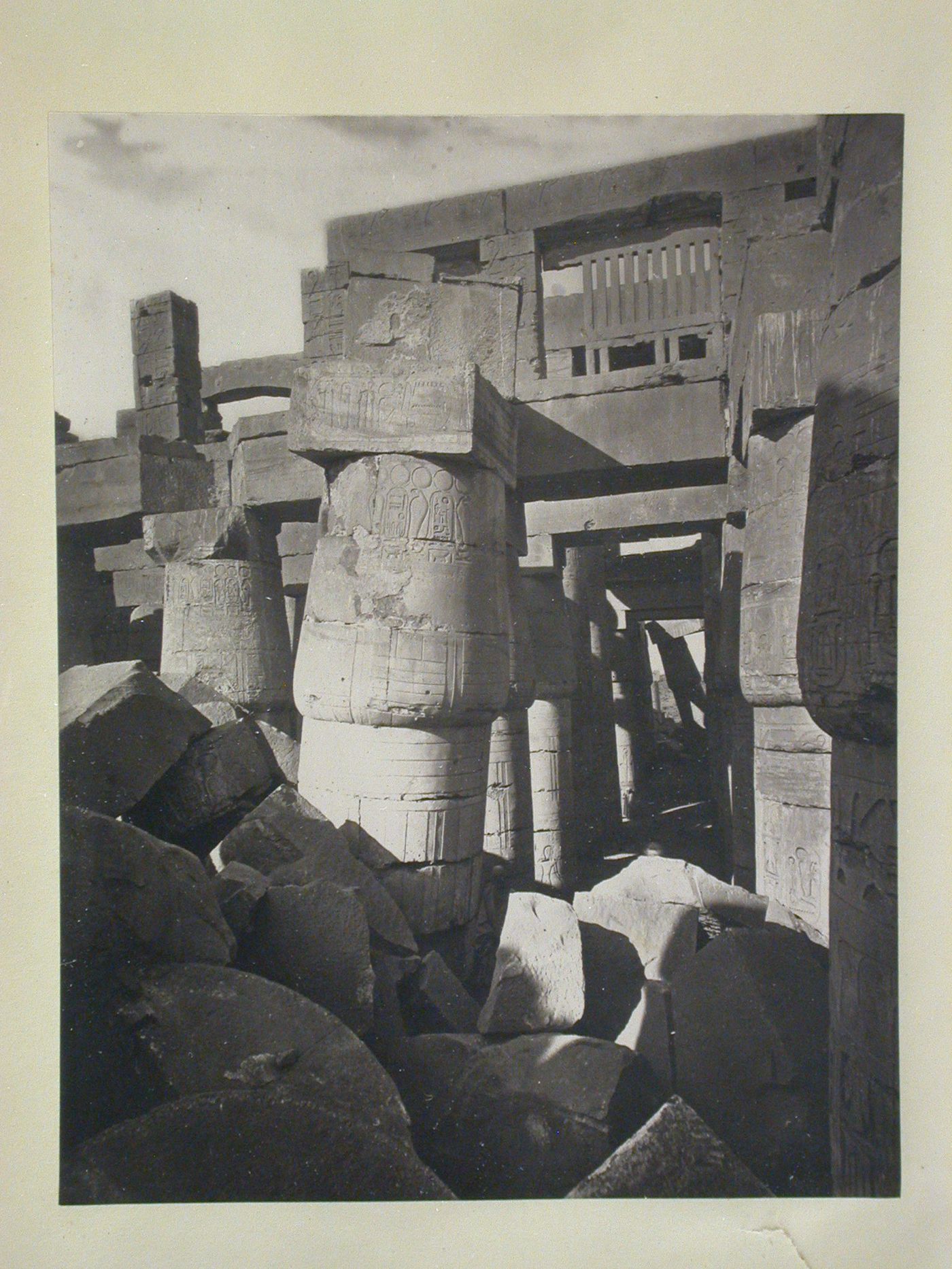 View of the great hypostile hall showing fallen columns and ruins of a stone window, Great Hypostile Hall, Great Temple of Amun, Karnak, Thebes, Egypt