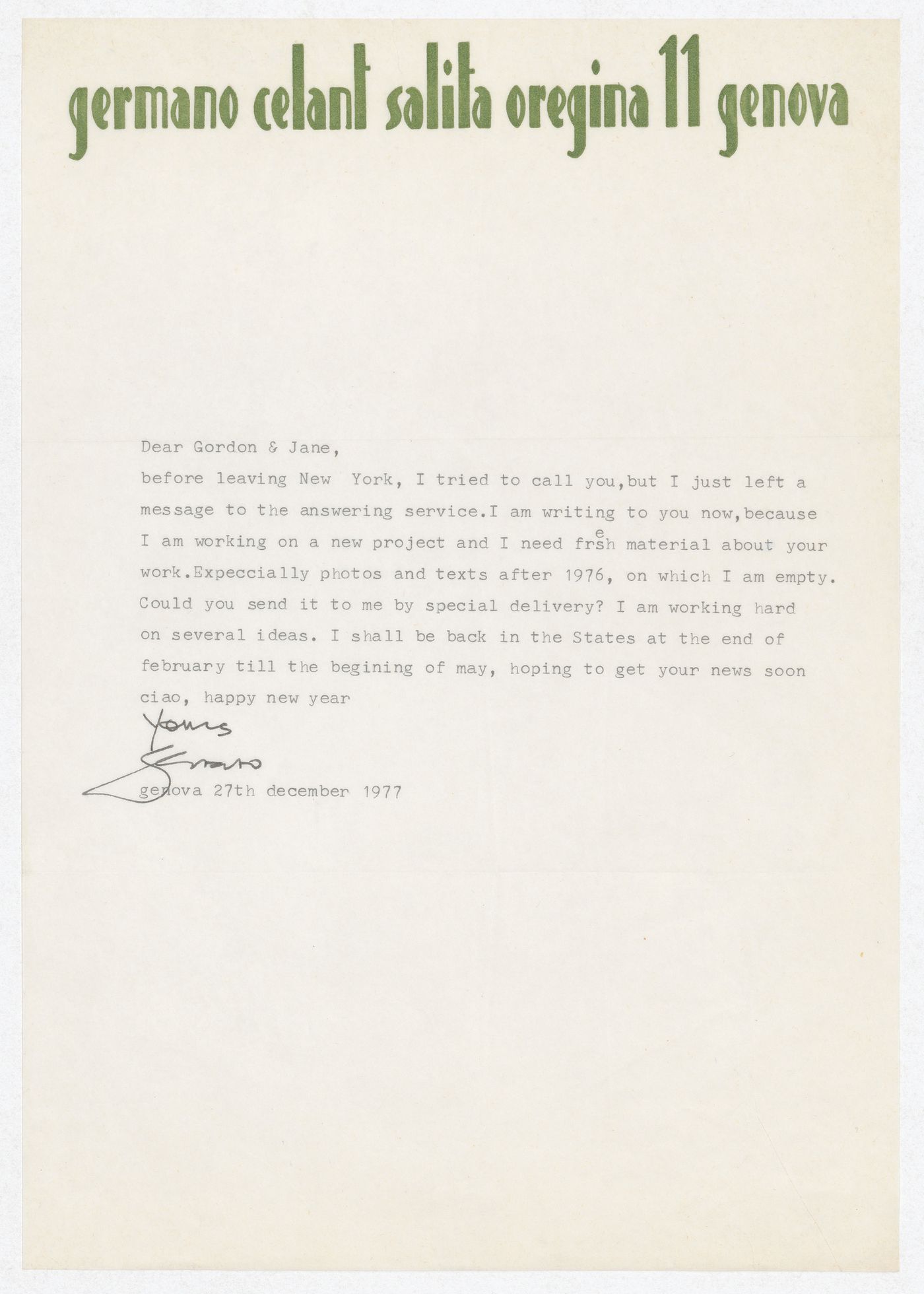 Letter from Germano Celant to Gordon Matta-Clark and Jane Crawford