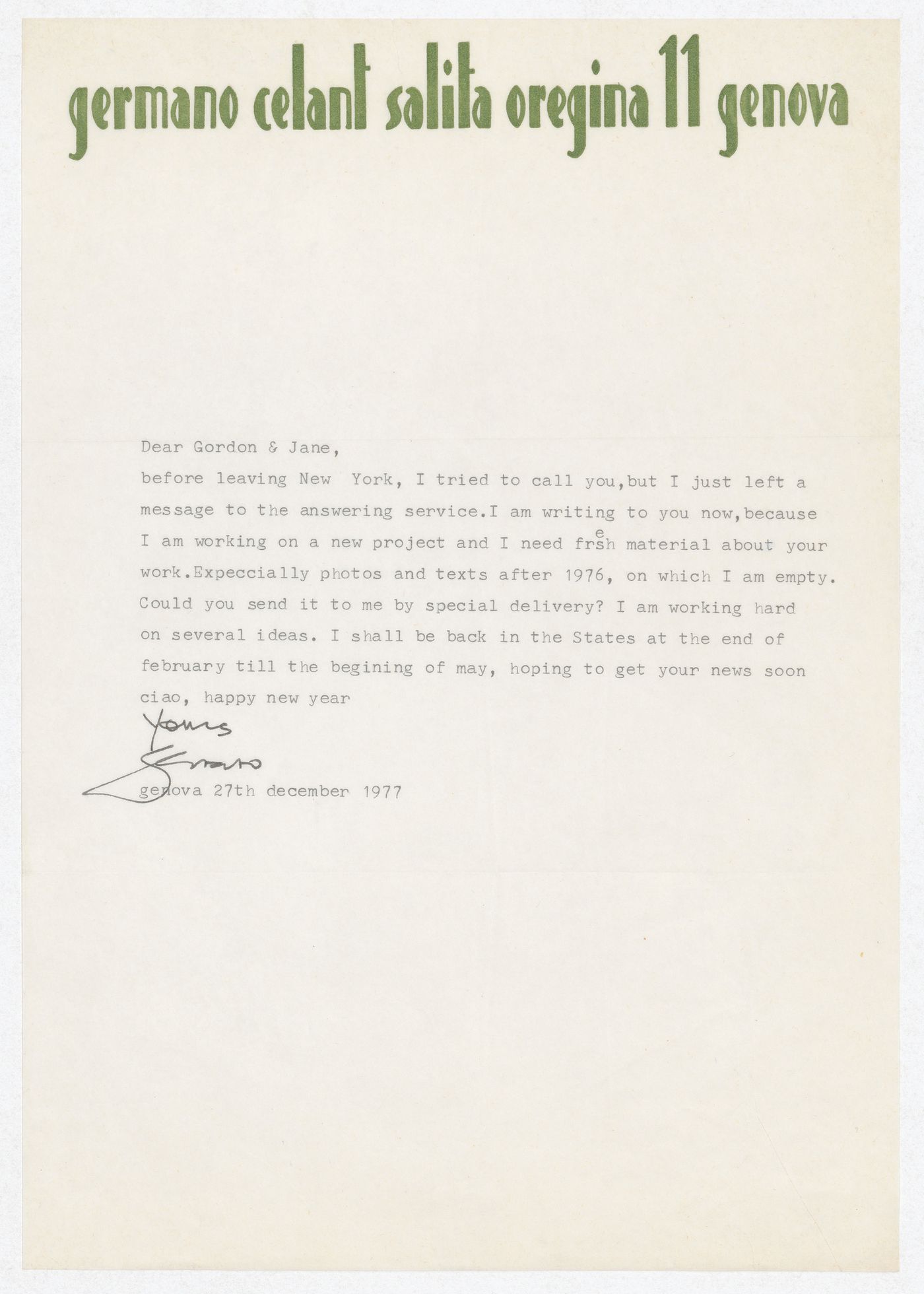 Letter from Germano Celant to Gordon Matta-Clark and Jane Crawford