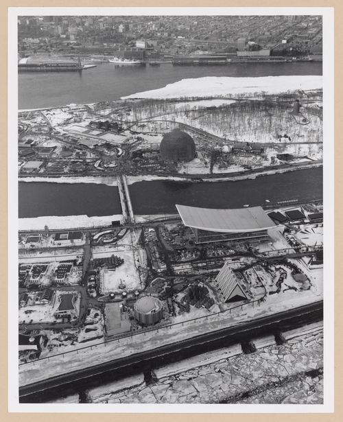 Aerial winter view of the exhibition site, Expo 67, Montréal, Québec