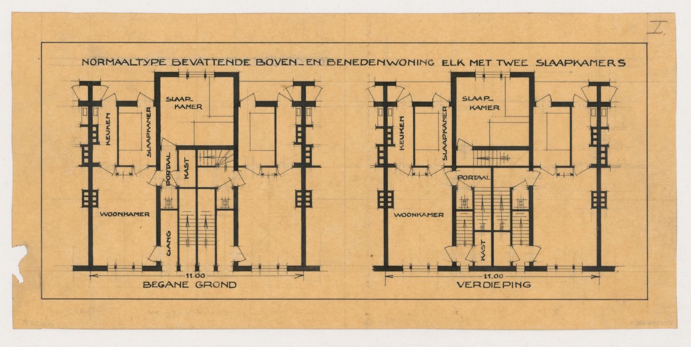 Ground and first floor plans, posibly for Blocks 1, 5, 8, or 9, Spangen Housing Estate, Rotterdam, Netherlands