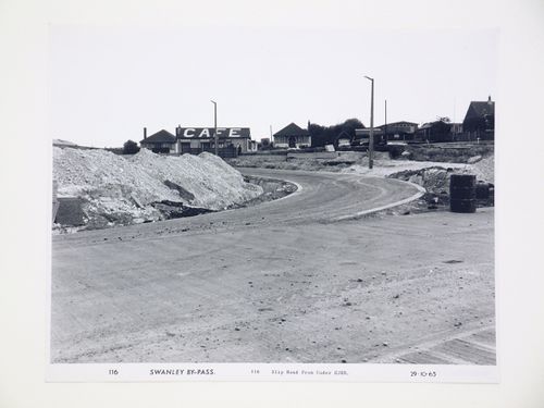 View of Slip Road from under eastern junction road bridge, during construction of the Swanley Bypass, England