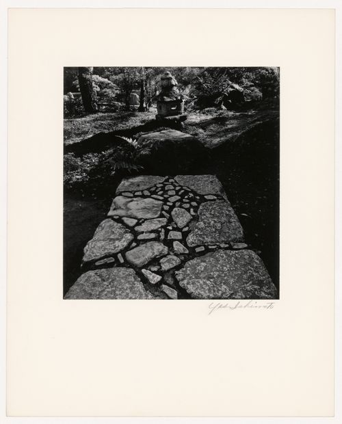 View of the southern stone lantern and the stone path in front of the Outside Resting Place (also known as the Waiting Bench), Katsura Rikyu (also known as Katsura Imperial Villa), Kyoto, Japan