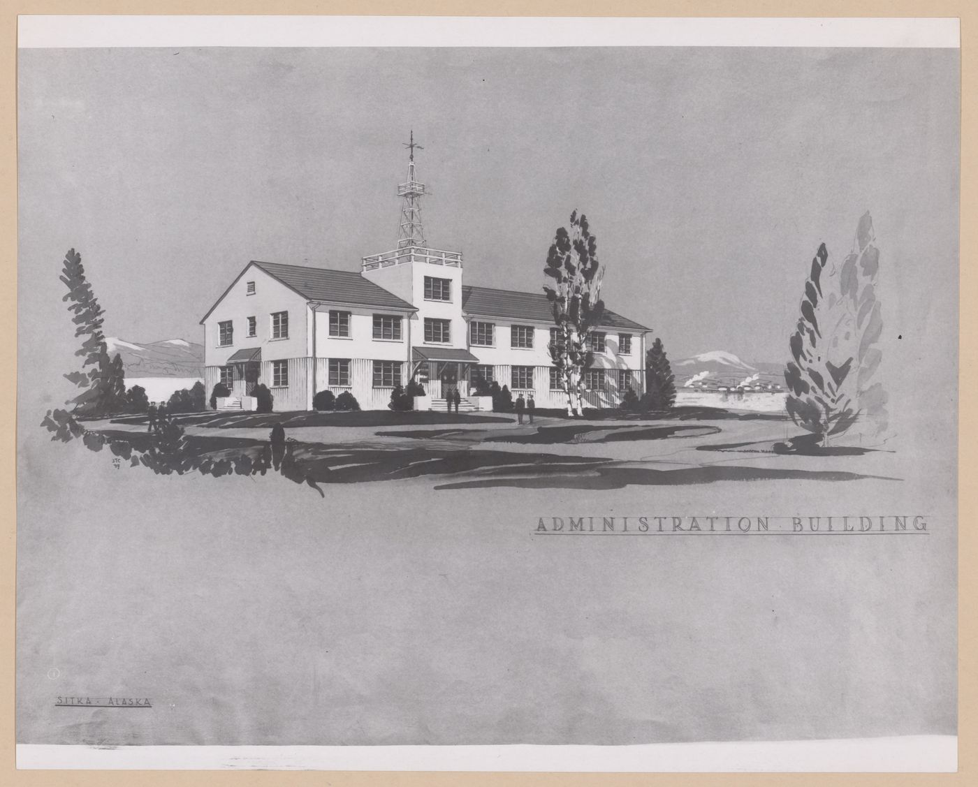 Photograph of a perspective drawing for or of the Administration Building, United States Naval Air Base, Sitka, Alaska