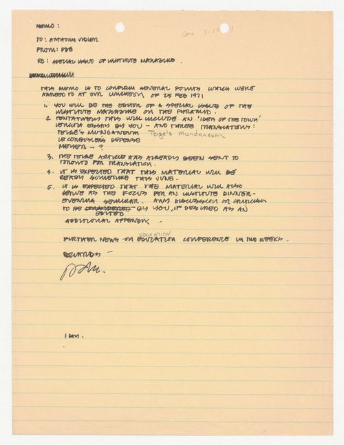 Draft memorandum from Peter D. Eisenman to Anthony Vidler about special issue of Institute magazine