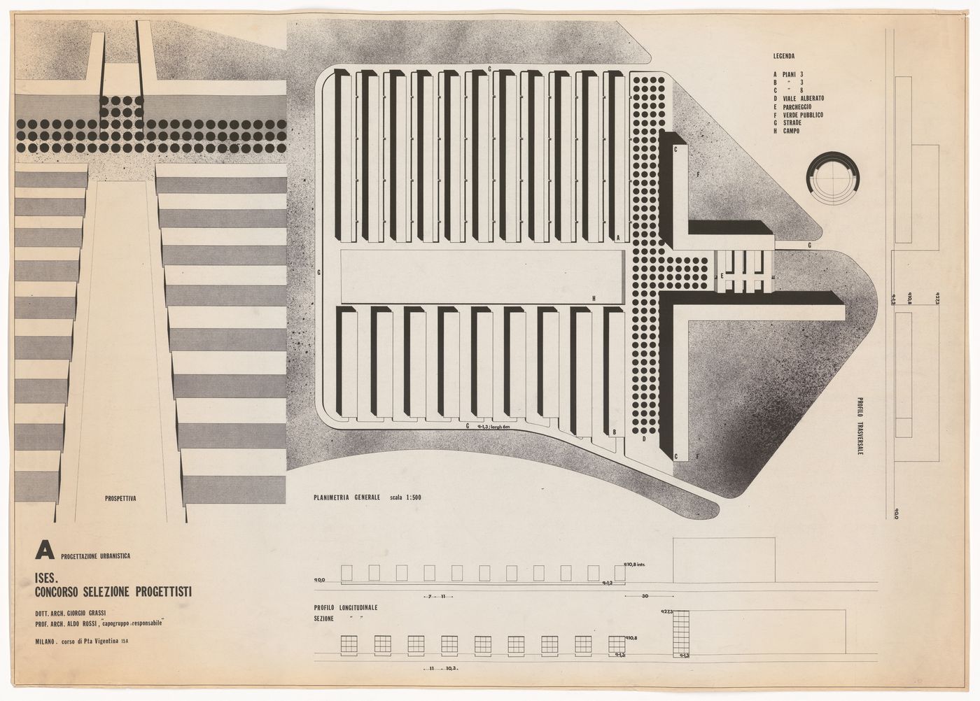 Perspective, plan and section for Quartiere residenziale a Napoli, Naples, Italy
