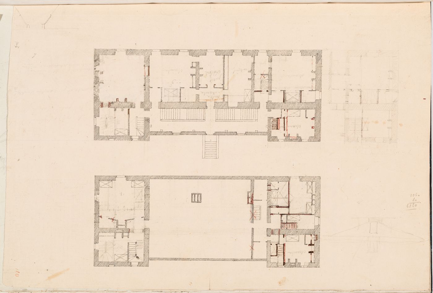 Plans for the house, probably for the first and second floors, Domaine de La Vallée; verso: Preliminary partial site plan, Domaine de La Vallée