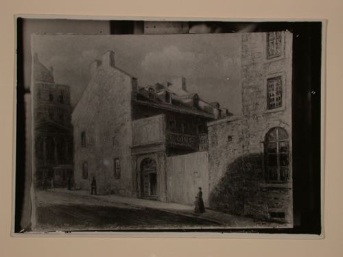 Photograph of a painting of old house at corner of rue St-Vincent and rue Notre-Dame