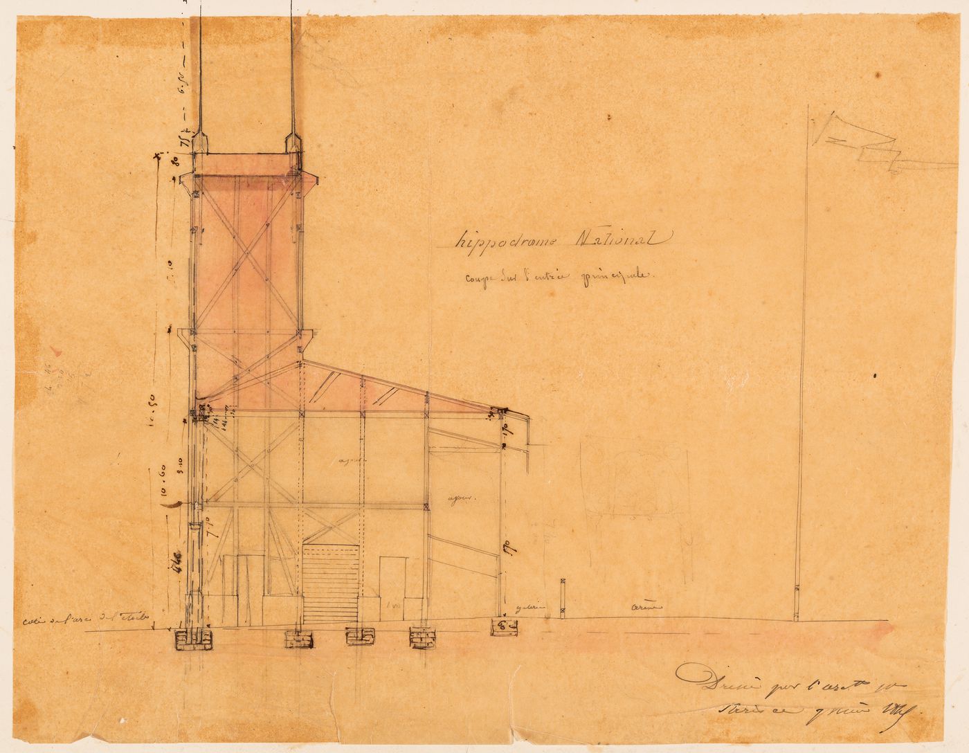 Hippodrome national, Paris: Section through the principal entrance showing the wood framing