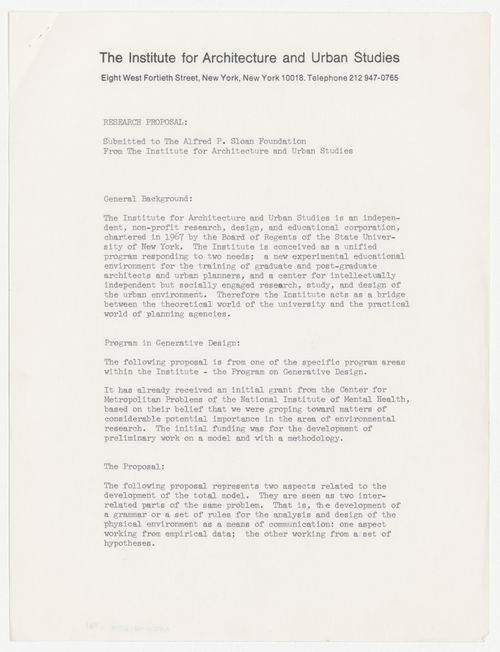 Research proposal for the Program in Generative Design submitted to the Alfred P. Sloan Foundation